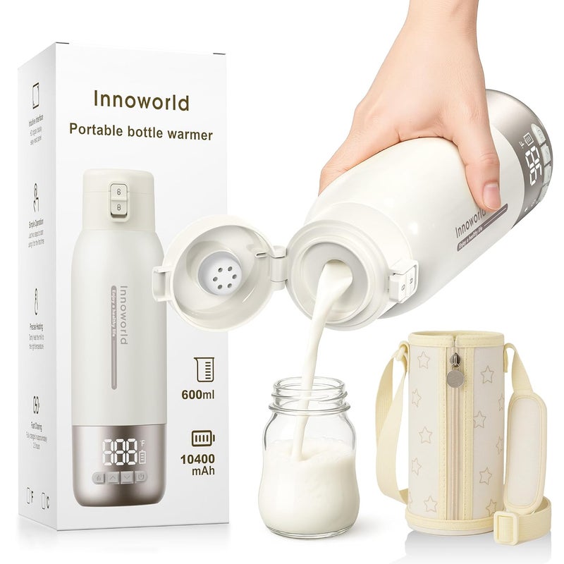 Innoworld سخان زجاجة محمول للسفر، سخان زجاجة بسعة كبيرة 20 أونصة، بطارية تدوم طويلاً بسعة 10400 مللي أمبير وشحن فائق السرعة في 2.5 ساعة، تسخين سريع لحليب الثدي، الحليب الصناعي، الماء - Image 1
